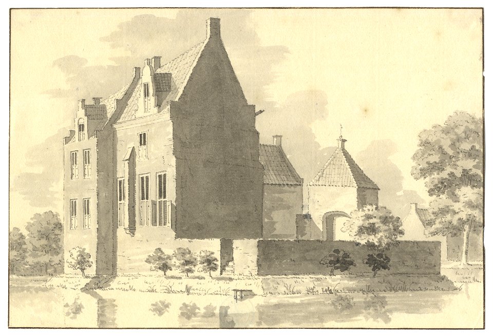 HUA-201817-Gezicht op het omgrachte kasteel Rhijnauwen bij Bunnik uit het noorden met rechts op de achtergrond de bebouwing op de voormalige voorburcht en links 