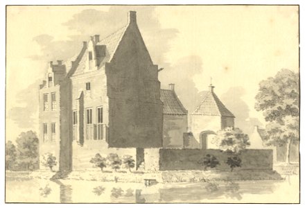 HUA-201817-Gezicht op het omgrachte kasteel Rhijnauwen bij Bunnik uit het noorden met rechts op de achtergrond de bebouwing op de voormalige voorburcht en links . Free illustration for personal and commercial use.