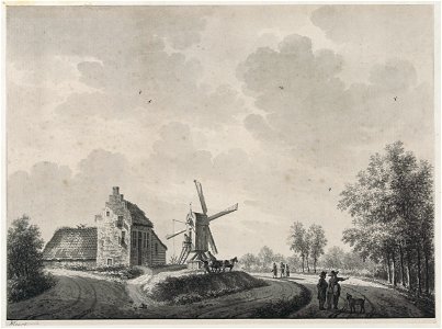 HUA-206090-Gezicht op het landschap buiten de Utrechtse Poort te Rhenen met een stenen huis en een standerdmolen