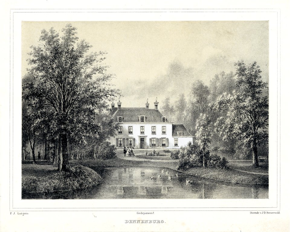 HUA-202416-Gezicht op de voorgevel van het huis Dennenburg Engweg 34 te Driebergen met de bijbehorende landschapstuin uit het noordoostenNB De gemeenten Drieberg