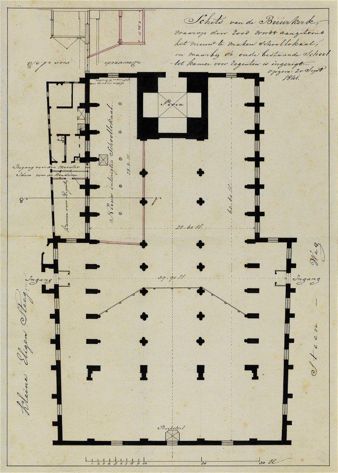 HUA-214559-Plattegrond van de Buurkerk te Utrecht met weergave van het ontwerp voor de bouw van een nieuw schoollokaal in de kerk ten zuiden van de toren en de i