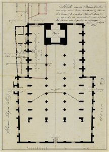 HUA-214559-Plattegrond van de Buurkerk te Utrecht met weergave van het ontwerp voor de bouw van een nieuw schoollokaal in de kerk ten zuiden van de toren en de i