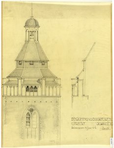 HUA-214593-Opstand van de bekroning en een gedeelte van een gevel van de toren van de Buurkerk te Utrecht met doorsnede van de omloop 