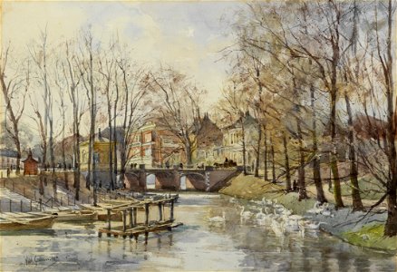 HUA-206558-Gezicht over de Stadsbuitengracht te Utrecht met de oude Tolsteegbrug met links het accijnshuisje en rechts daarvan het Physisch Laboratorium aan de B