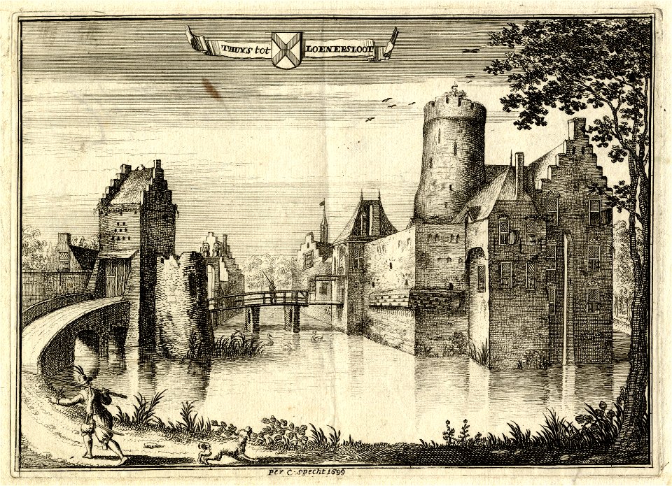 HUA-201541-Gezicht op het omgrachte kasteel Loenersloot uit het zuidwesten met links het poortgebouw de toegang tot de voorburchtNB Dit kasteel heeft tegenwoordi