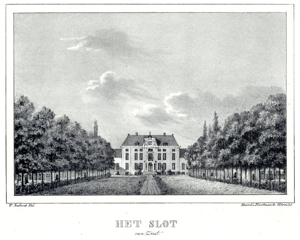 HUA-202222-Gezicht op de voorgevel van het slot te Zeist vanuit de laan vóór het huis met links de bomen langs het Broederplein en rechts die langs het Zusterple