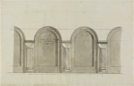 HUA-214537-Interieur van de St Pieterskerk te Utrecht opstand van een wand met zuilen in de crypte NB Op de achterzijde een plattegrond van de St Pieterskerk te 