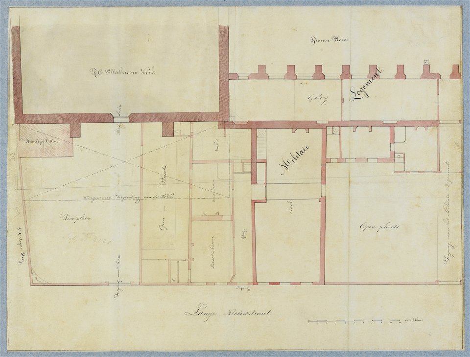 HUA-214628-Plattegrond van het westelijke gedeelte van de St Catharijnekerk met het aangrenzende Militair Logement aan de Lange Nieuwstraat te Utrecht met aandui