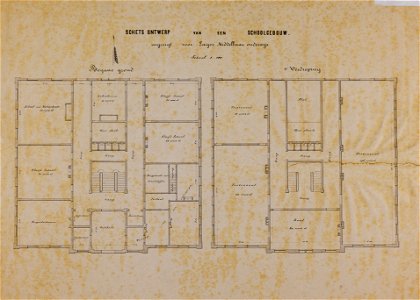 HUA-214723-Plattegronden van de begane grond en eerste verdieping van het ontwerp voor een schoolgebouw ingericht voor Lager Middelbaar onderwijs