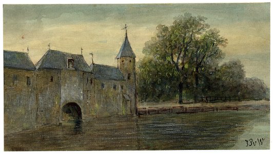 HUA-202340-Gezicht op de Koppelpoort te Amersfoort uit het noordwesten met op de voorgrond de Eem