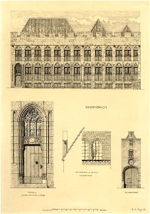 HUA-206801-Opstand van de voorgevel van het huis Zoudenbalch Donkerstraat 15 19 te Utrecht boven afbeelding van de ingang van het huis linksonder doorsnede en aa