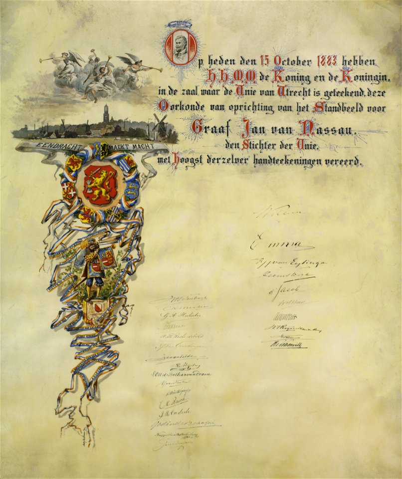 HUA-27553-Oorkonde betreffende de onthulling van het standbeeld van graaf Jan van Nassau op het Munsterkerkhof te Utrecht als eersten ondertekend door koning Wi