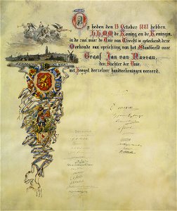 HUA-27553-Oorkonde betreffende de onthulling van het standbeeld van graaf Jan van Nassau op het Munsterkerkhof te Utrecht als eersten ondertekend door koning Wi