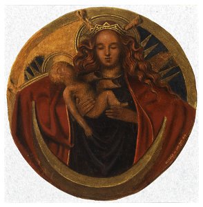 HUA-206836-Afbeelding van de gebeeldhouwde en gepolychromeerde ronde steen met de afbeelding van de gekroonde Maria op een maansikkel met het Christuskind in haa