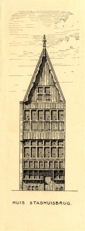 HUA-202595-Opstand van de gereconstrueerde houten voorgevel van het huis De Gulden Arend Oudegracht 164 bij de Stadhuisbrug te Utrecht