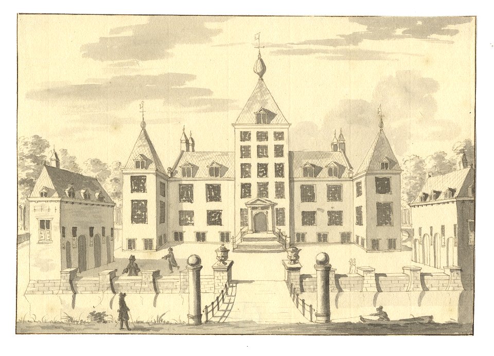 HUA-201796-Gezicht op de voorgevel van het kasteel Renswoude te Renswoude met daarvoor het voorplein met de beide bouwhuizen en op de voorgrond de toegangsbrug o