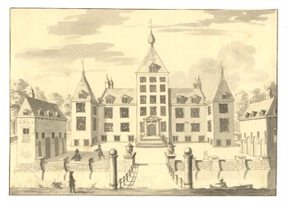 HUA-201796-Gezicht op de voorgevel van het kasteel Renswoude te Renswoude met daarvoor het voorplein met de beide bouwhuizen en op de voorgrond de toegangsbrug o