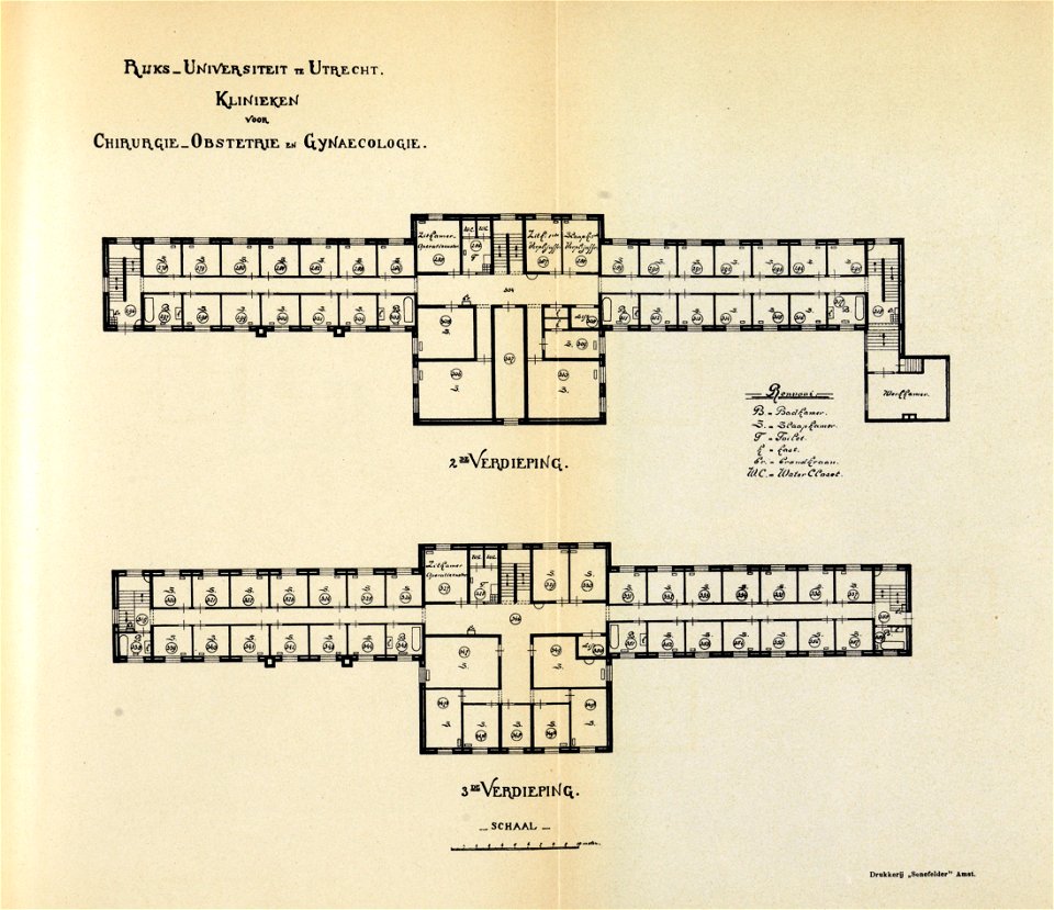 HUA-202638-Plattegrond van de tweede en derde verdieping van de Heelkundige en Vrouwenkliniek Rijksklinieken Justus van Effenstraat 29 te Utrecht