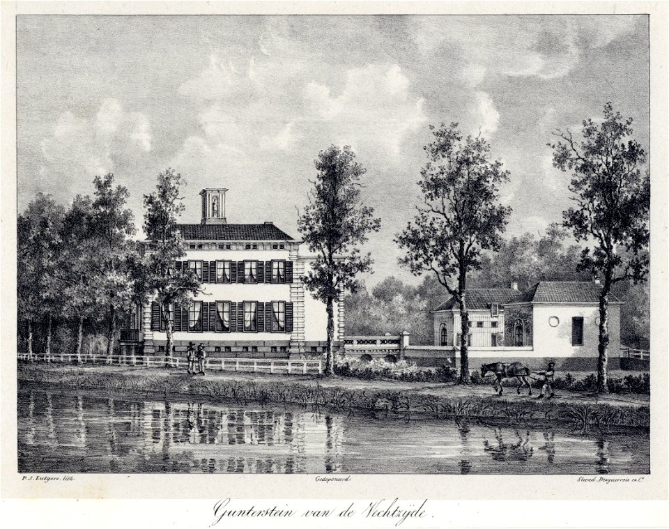 HUA-202395-Gezicht over de Vecht op de zuidelijke zijgevel en de beide bijgebouwen van het kasteel Gunterstein te Breukelen