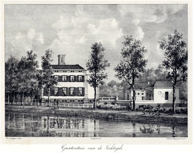 HUA-202395-Gezicht over de Vecht op de zuidelijke zijgevel en de beide bijgebouwen van het kasteel Gunterstein te Breukelen