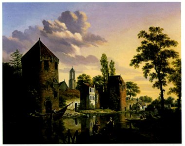 HUA-26160-Enigszins gefantaseerd gezicht vanaf de singel over de stadsbuitengracht op de wal te Utrecht uit het noordoosten met links de toren de Vos rechts de 