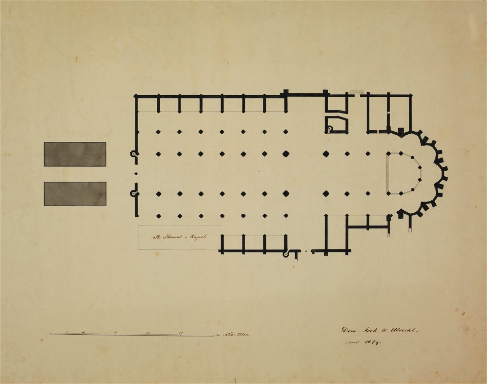 HUA-214424-Plattegrond van de Domkerk en de contouren van de Domtoren te Utrecht voor de instorting in 1674 