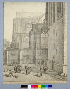 HUA-28625-Gezicht op het noordwestelijke gedeelte van het ingestorte schip en de westmuur van het noordertransept van de Domkerk te Utrecht met rechts de noordz