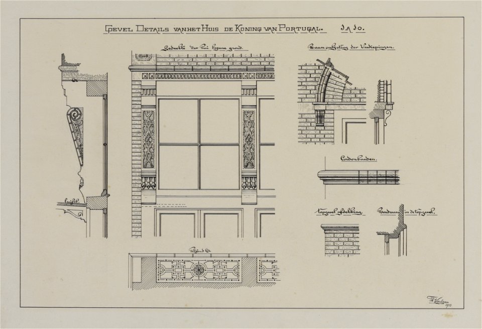 HUA-216342-Afbeelding van diverse ornamenten en profielen van de voorgevel van het huis Voorstraat 14 De Koning van Portugal te Utrecht