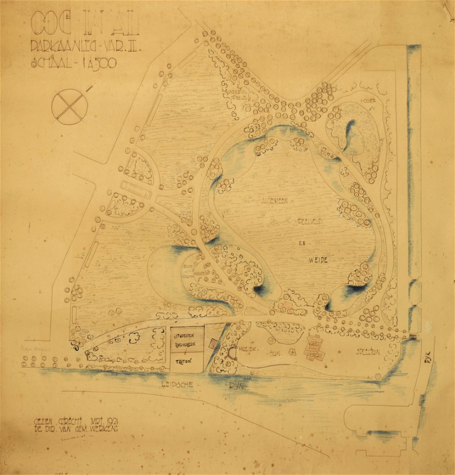HUA-211008-Plattegrond van het park Oog in Al te Utrecht Een groot deel van het terrein bestaat uit een speelveld omgeven door serpentinevijvers Rechtsonder bevi