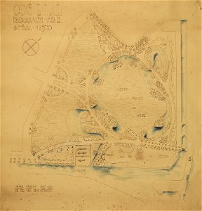 HUA-211008-Plattegrond van het park Oog in Al te Utrecht Een groot deel van het terrein bestaat uit een speelveld omgeven door serpentinevijvers Rechtsonder bevi