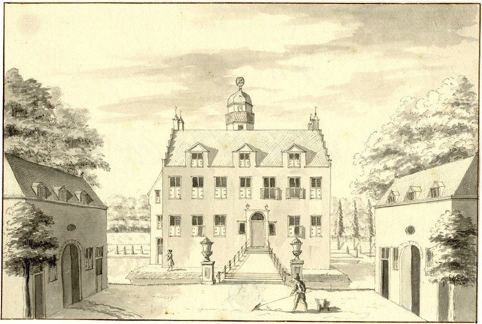 HUA-201981-Gezicht vanaf de voorburcht met twee bijgebouwen op de voorgevel van het huis Te Vliet bij Lopikerkapel gemeente Lopik 