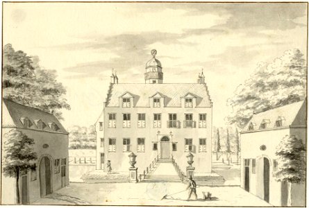 HUA-201981-Gezicht vanaf de voorburcht met twee bijgebouwen op de voorgevel van het huis Te Vliet bij Lopikerkapel gemeente Lopik 