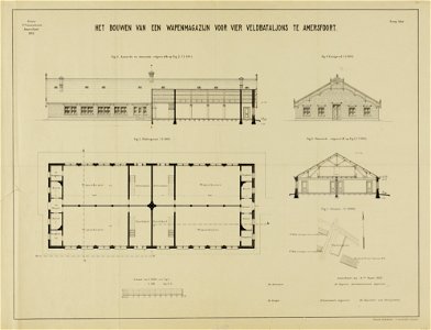 HUA-210019-Plattegrond doosneden en opstanden van een te bouwen wapenmagazijn voor vier veldbataljons te Amersfoort