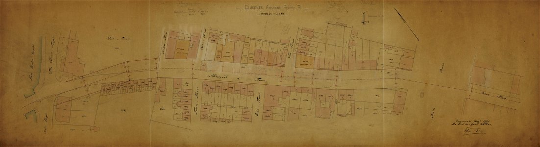 HUA-219010-Plattegrond van de Nachtegaalstraat te Utrecht met daarop aangegeven de nieuwe wegas en de percelen die ten gevolge van de verbreding van de straat mo
