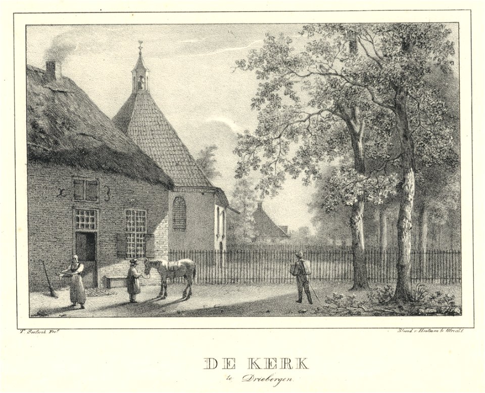 HUA-202383-Gezicht in het dorp Driebergen met achter een huis met een rieten dak een gedeelte van de Nederlands Hervormde kerk