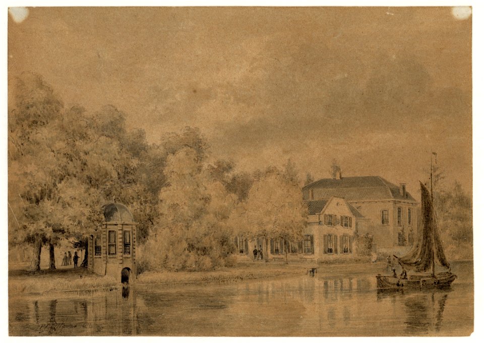HUA-202432-Gezicht over de Vecht bij Breukelen op het huis Hoogerlust achter het zeilschip met links daarvan het huis Nieuw Hoogerlust en de theekoepel annex bot