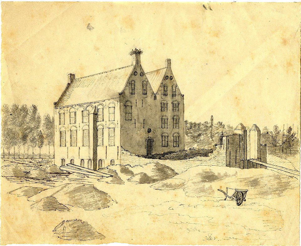 HUA-202007-Gezicht op de zij en de voorgevel van het huis Vronestein bij Jutphaas tijdens het afgraven van het omringende terrein uit het noordoostenNB De gemeen