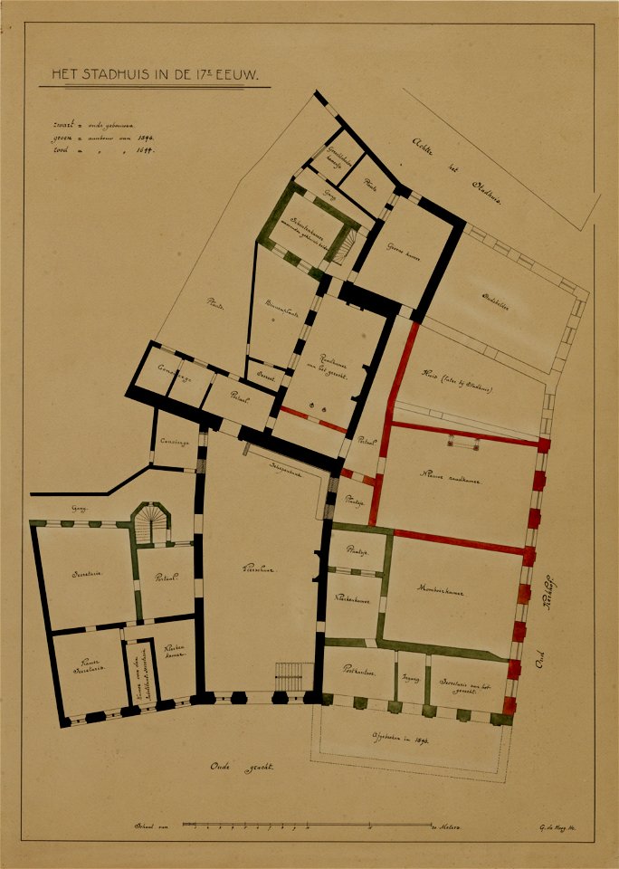 HUA-216507-Plattegrond van het gebouwencomplex van het stadhuis aan de Stadhuisbrug te Utrecht met aanduiding van de oorspronkelijke bebouwing en de uitbreidinge