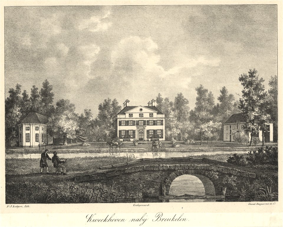 HUA-201790-Gezicht over de Vecht bij Breukelen op de voorgevel van het huis Queeckhoven met links en rechts de bijgebouwen van de buitenplaats