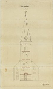 HUA-214612-Opstand van de voorgevel west van de Geertekerk te Utrecht met weergave van een uitgevoerd plan voor enkele wijzigingen aan de voet van de toren NB Me