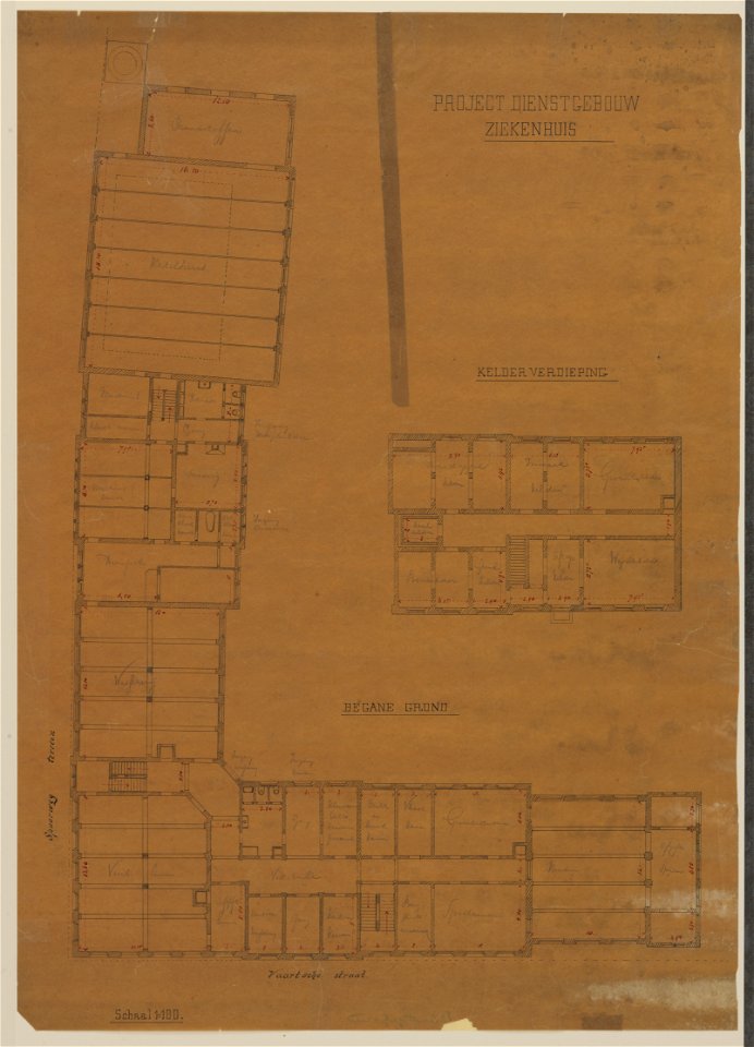 HUA-216681-Plattegrond van de begane grond en kelder van het ontwerp voor een dienstgebouw bij het Stads en Academisch Ziekenhuis aan de Catharijnesingel te Utre