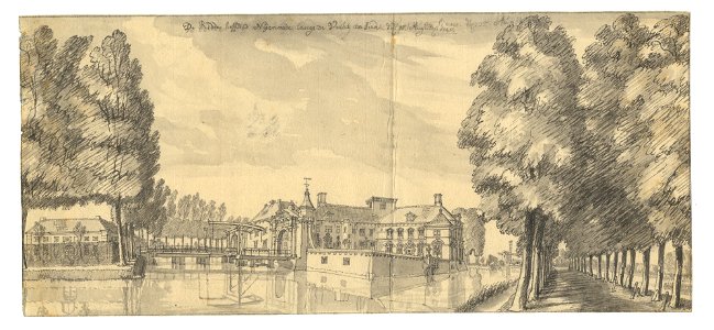 HUA-201676-Gezicht vanaf de straatweg langs de Vecht rechts achter de bomen op het kasteel Nijenrode bij Breukelen uit het zuidoosten met links de paardenstallen