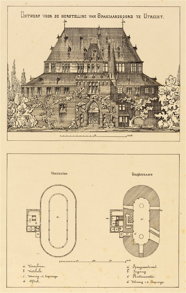HUA-214382-Plattegronden en opstand van de voorgevel van het ontwerp voor de restauratie van het zuidelijke bastion van het kasteel Vredenburg te Utrecht en de i
