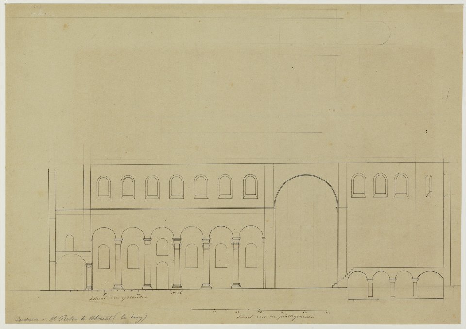 HUA-214520-Lengtedoorsnede opstand van de St Pieterskerk te UtrechtNB Op de achterzijde een gedeelte van de opstand op grotere schaal