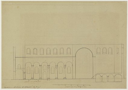 HUA-214520-Lengtedoorsnede opstand van de St Pieterskerk te UtrechtNB Op de achterzijde een gedeelte van de opstand op grotere schaal