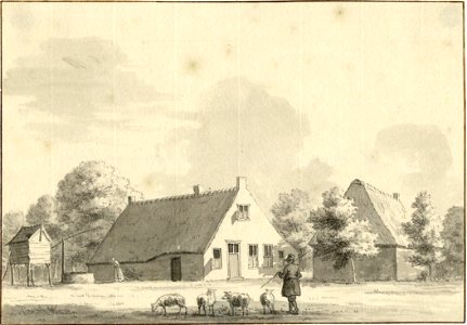 HUA-202067-Gezicht op de zij en de voorgevel van de boerderij bij het huis Wayenstein bij Amerongen uit het zuidoosten met rechts de schuur die werd gebouwd met 