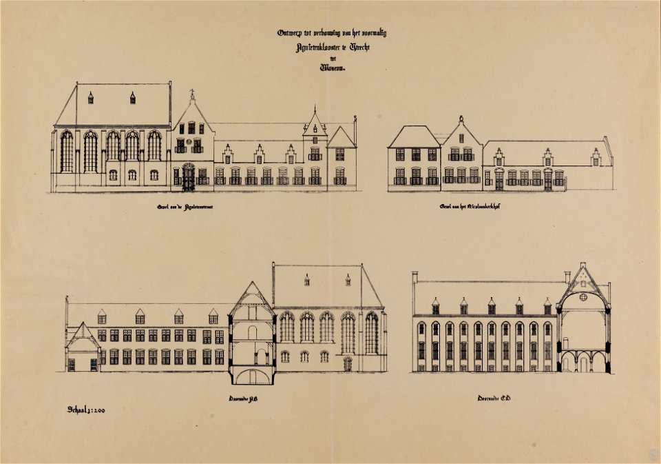 HUA-214742-Opstanden en doorsneden van het ontwerp voor de verbouwing van het voormalige Agnietenklooster Agnietenstraat te Utrecht tot museum NB Het betreft een