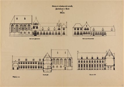 HUA-214742-Opstanden en doorsneden van het ontwerp voor de verbouwing van het voormalige Agnietenklooster Agnietenstraat te Utrecht tot museum NB Het betreft een