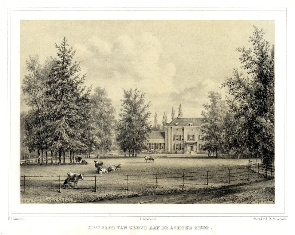 HUA-202223-Gezicht op de achtergevel van het slot te Zeist vanuit het landschapspark aan de achterzijde van het huis uit het zuidwesten