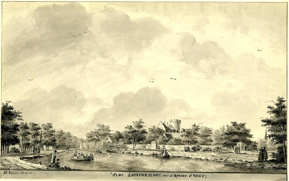HUA-206193-Gezicht over de Vecht op het dorp Loenersloot met het kasteel Loenersloot